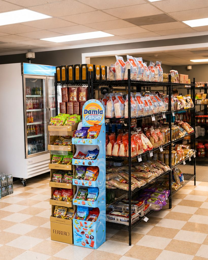 Aisles of Turkish snacks, candy, and beverages inside Besler Market