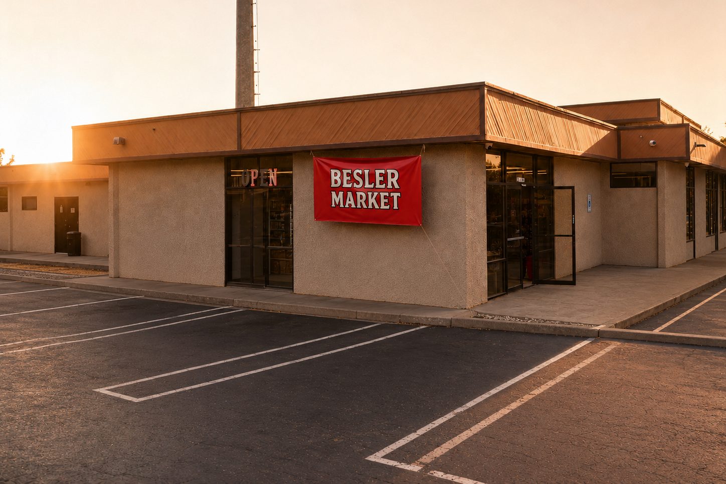 Besler Market storefront with red banner at sunset